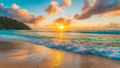 Küchenrückwand glas motiv peaceful nature scenic relax paradise amazing closeup view of calm ocean bay waves with orange sunrise sunset sunlight tropical island vacation holiday beach landscape exotic sea shore coast © Richard