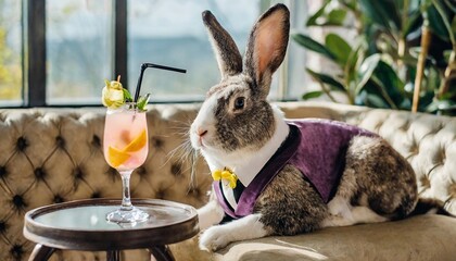 photo of easter bunny in a velvet suit on a luxury couch with a cocktail pastel colors - obrazy, fototapety, plakaty