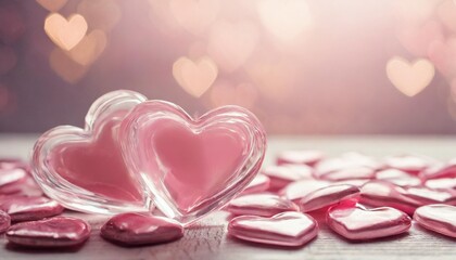 valentine s day background with voluminous transparent hearts with copy space in soft pink color