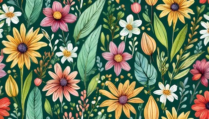 colorful floral seamless pattern hand drawn plants and flowers on dark green background