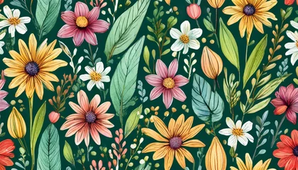 Meubelstickers colorful floral seamless pattern hand drawn plants and flowers on dark green background © Richard