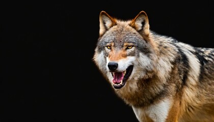 angry grinning wolf canis lupus on black background growling muzzle of a wolf banner about wild animal with copy space