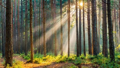sun rays fall into a pine forest and create a harmonious lighting atmosphere
