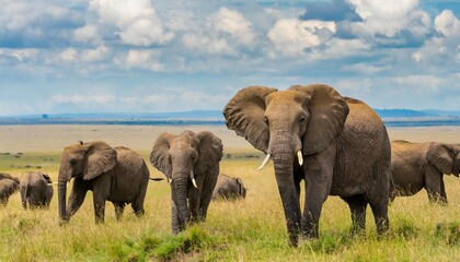 Naklejka na ściany i meble wild herd of elephants in masai mara