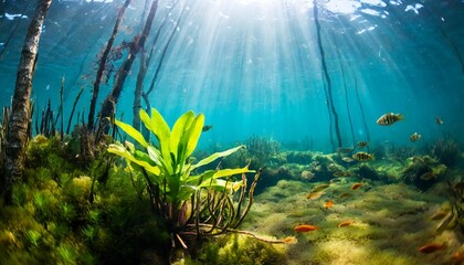 swamp underwater scene with plant and fishes
