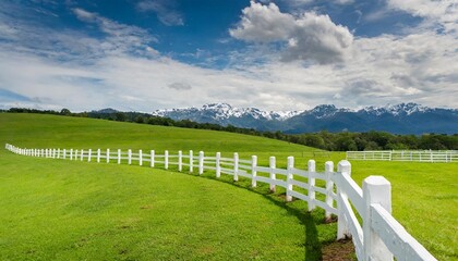 Fototapeta na wymiar green pastures with white cement fence