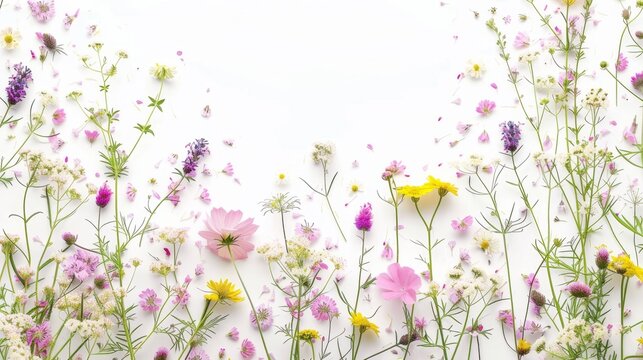 Flat lay photograph of wild flowers on a white background.