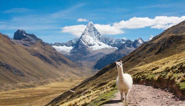 lonely white llama lost in a bast peruvian landscape on the hight lands rocky ambient dry season blue skay