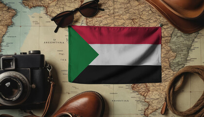 Sudan flag lies on the map surrounded by camera, glasses, travel and tourism concept