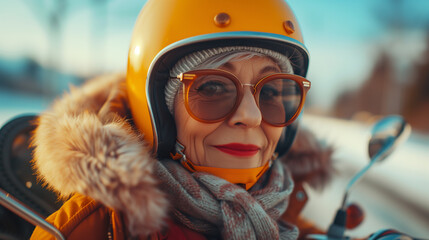 Smiling elderly woman with an orange helmet and sunglasses on a sunny winter day, happy and active retirement, insurance concept. 