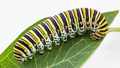 monarch caterpillar on milkweed leaf isolated on white