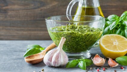 cooking basil pesto in blender bowl and ingredients with copy space