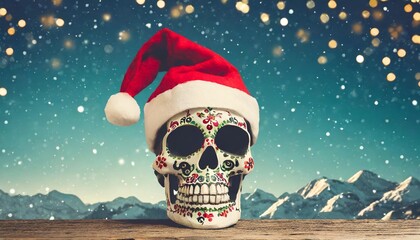 christmas skull santa claus vintage style vector illustration new year or christmas party poster