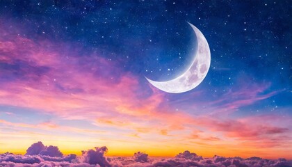 Naklejka na ściany i meble watercolor sunset or sunrise sky magic night sky with pink and purple clouds stars and crescent moon beautiful nature concept design for textile fabric paper print banner