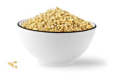 Bowl of raw pearl barley isolated on white