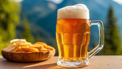 glass of cold beer with foam pint of original premium beer drink alcohol flavour and holiday celebration