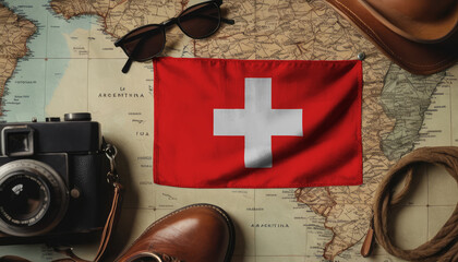 Switzerland flag lies on the map surrounded by camera, glasses, travel and tourism concept