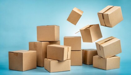 cardboard boxes falling isolated on blue background