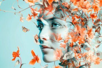 A vibrant portrait of a woman, adorned with blooming flowers and graceful butterflies, captures the essence of beauty and nature in this stunning piece of art