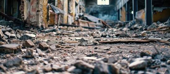 Ruined building - debris, selective focus, empty area.