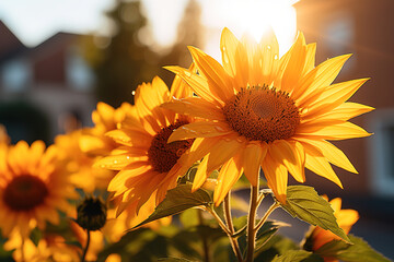 Rays of the sun illuminating sunflowers in a garden