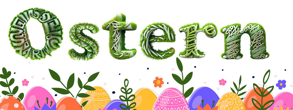 Schriftzug Ostern über Ornament aus Ostereiern und grünen Zweigen über weißem Hintergrund