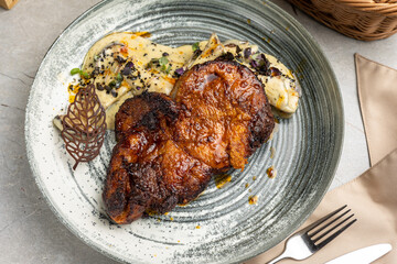 Delicious meat dishes in a restaurant or pub. Close-ups