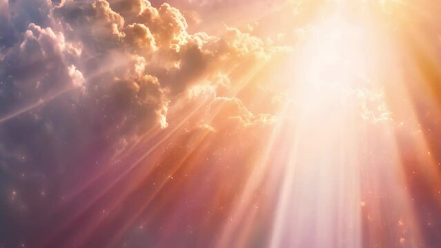 Sun's rays shine through the clouds. Sunset. God light in heaven symbolizing divine presence, truth, spiritual illumination, God love and grace. Light beams blessing world with heavenly light