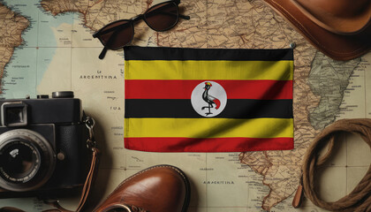 Uganda flag lies on the map surrounded by camera, glasses, travel and tourism concept