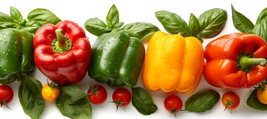 Vibrant green, red, and yellow bell peppers backdrop for healthy eating concepts.