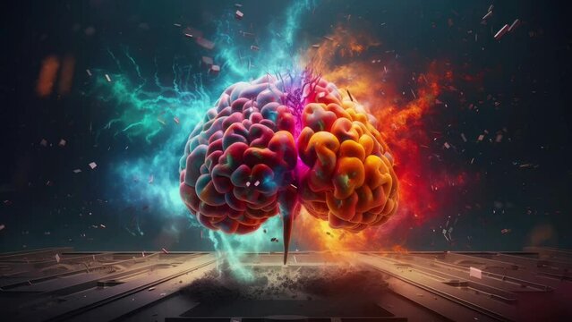 Concept art of a human brain exploding colorful particles splash colorfull