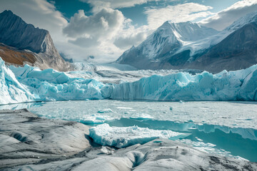 glacier melting due to global warming. The ice is cracking and breaking apart, and there are mountains in the background