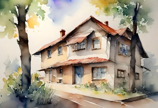 old house in the village watercolour painting 