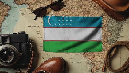 Uzbekistan flag lies on the map surrounded by camera, glasses, travel and tourism concept