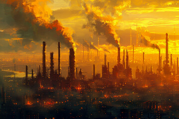 Obraz premium group of oil refineries in the middle of a city. The refineries are polluting the air, and there are people wearing masks in the background