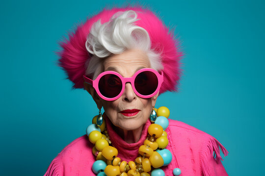 an old lady in an outfit with pink shades and pink accessories, in the style of pop art bright, yellow and aquamarine, photo taken with provia, energetic, optical