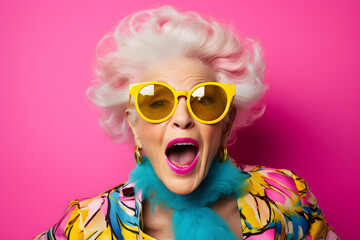 woman with pink sunglasses and yellow background, in the style of spectacular show of ages, pink and aquamarine, grandparentcore, lively and energetic, photo taken with provia, shaped canvas