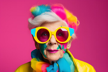 woman in glasses as old age female old people, in the style of bright color blocks, yellow and pink, photo taken with provia, groovy, shaped canvas, loose gestures, pink and aquamarine