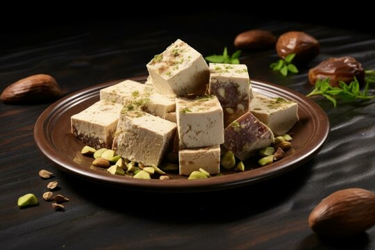 Crumbly Plate piece halva. Oriental food sweet nutrition sugar. Generate Ai