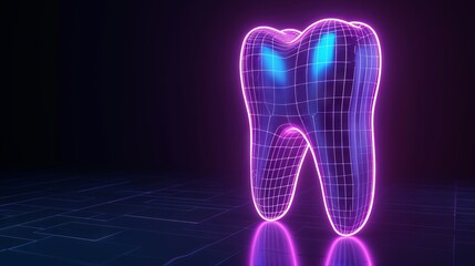 3d render techno neon purple blue glowing outline wireframe symbol of 3d print stomatology tooth isolated on black background with glossy reflection on floor  - obrazy, fototapety, plakaty