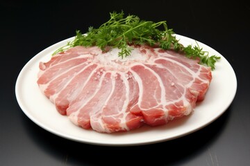 Fototapeta premium Plate raw pork. Cutlet red. Generate Ai