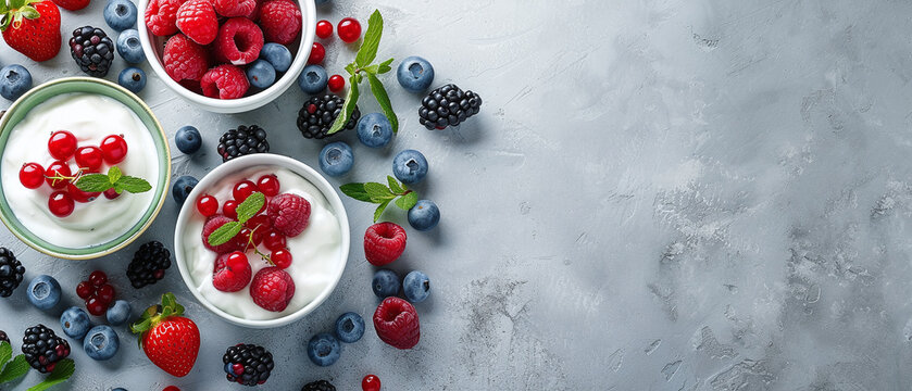 Assorted fresh fruits with yogurt, healthy breakfast, healthy eating concept