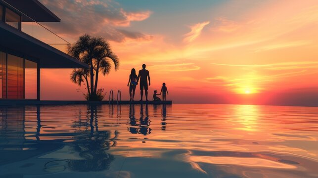 A happy family on summer holidays stands by the swimming pool and enjoys the beautiful sunset behind the mediterranean sea --ar 16:9 --v 6 Job ID: 96886c18-bdfb-4d71-a658-ef0a43d73be3