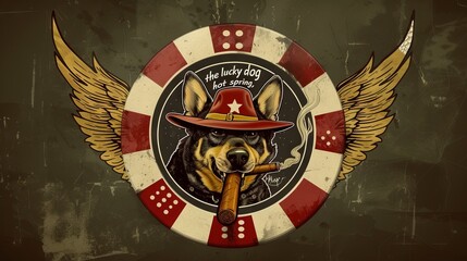 a poker chip logo design with wings attached. in the center of the poker chip add a gangster dog wearing a fedora hat covering the dog's eye, have the dog smoking a cigar. - obrazy, fototapety, plakaty
