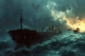 Rolgordijnen group of oil tankers in a stormy sea © mila103