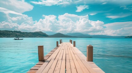 A wooden pier that stretches out to the sea,seascape view with Mountain and cloudy sky for travel in holiday relax time as summer --ar 16:9 --v 6 Job ID: 6930757a-5dbf-48ae-98d3-b03c69cf22e2