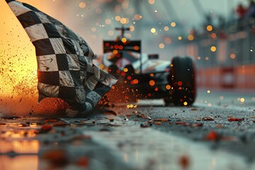 A checkered flag waving, signaling the end of the race. - obrazy, fototapety, plakaty