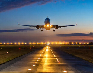 Fototapeta na wymiar Airplane landing on a runway at night.