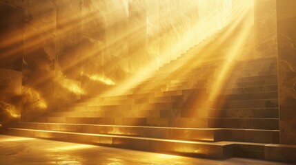 Abstract golden light rays scene with stairs 