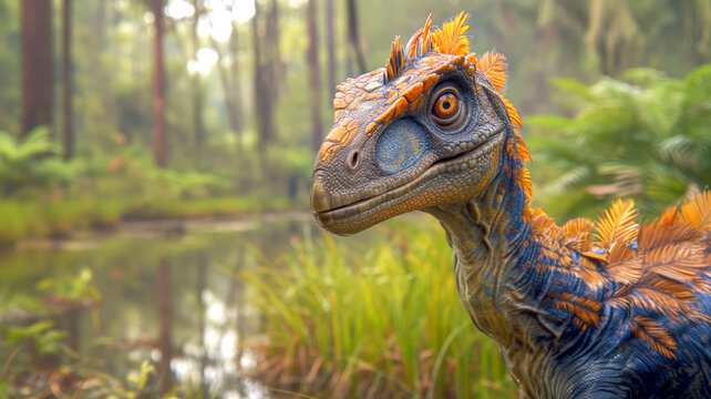 Curious feathered dinosaur by a pond in a hazy forest